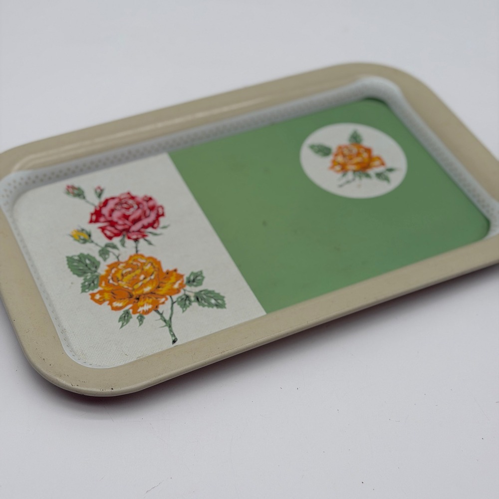 Vintage Metal Serving Tray Floral Rose Green Cream Mid Century Retro 14x9